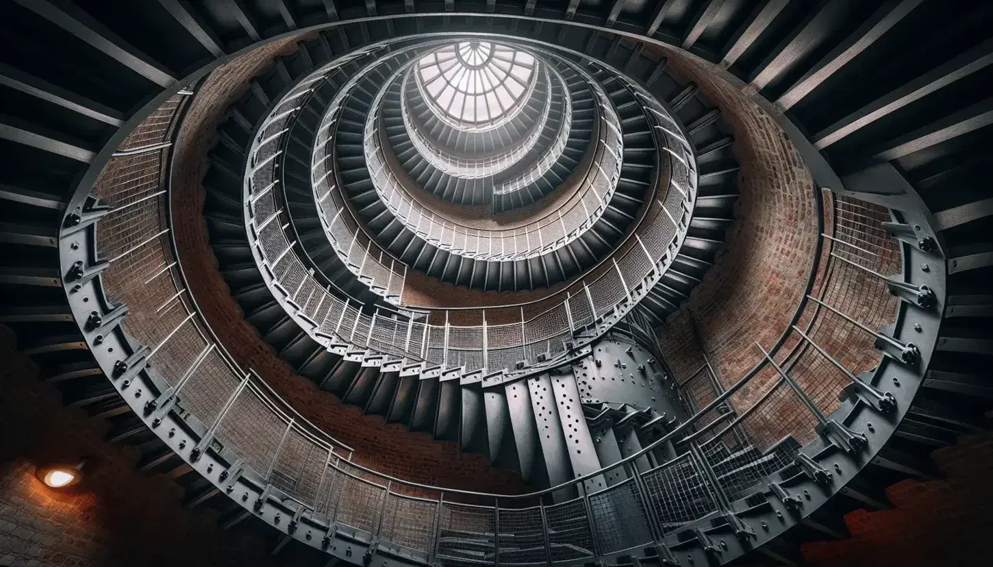 Escalera de caracol metálica con barandillas en edificio de ladrillos rojos, iluminada por luz natural desde el techo circular.