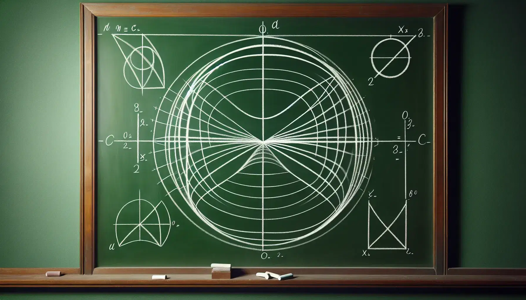 Lavagna scolastica verde con disegni di figure geometriche: paraboloide, parabole, cerchio, ellisse e iperbole con foci e assi.