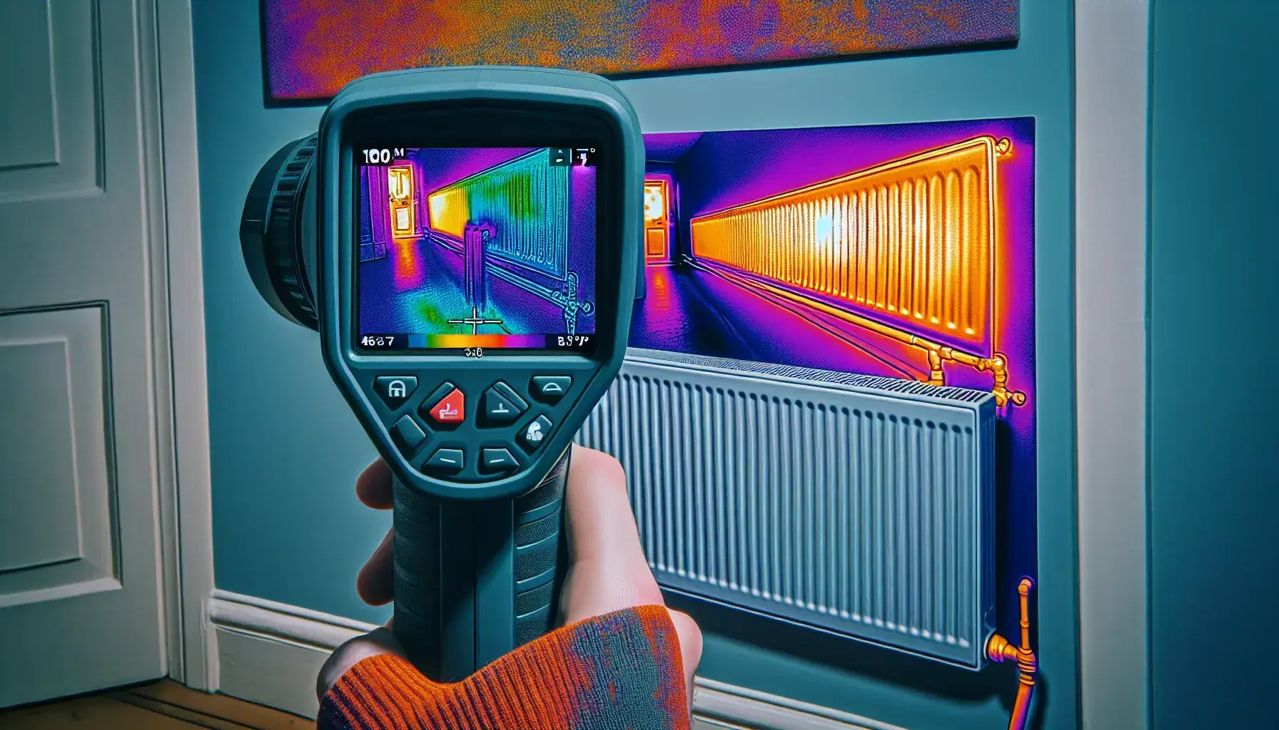 Person using a thermal infrared camera to detect heat emission from a household radiator, displaying a colorful temperature spectrum on the screen.