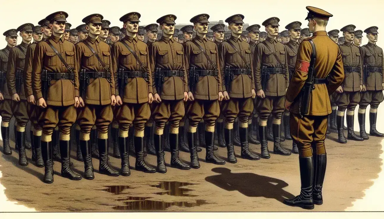 Uniformed men in early 20th-century military attire stand in formation with a higher-ranked officer facing them, under an overcast sky.