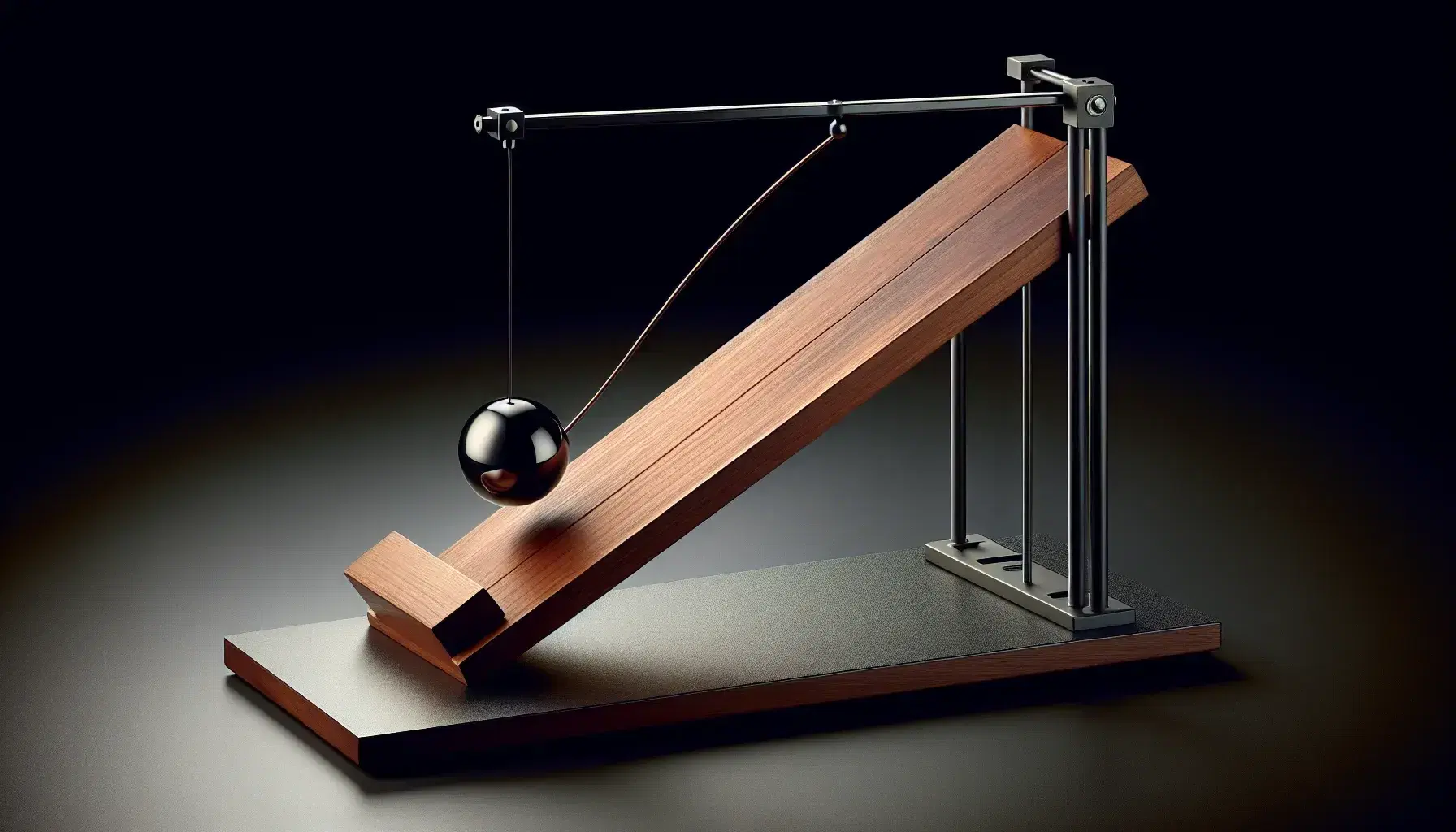 Classic physics experiment setup with an inclined wooden plane at a 30-degree angle, a resting pendulum, and a pebble sinking in water, on a light gray background.