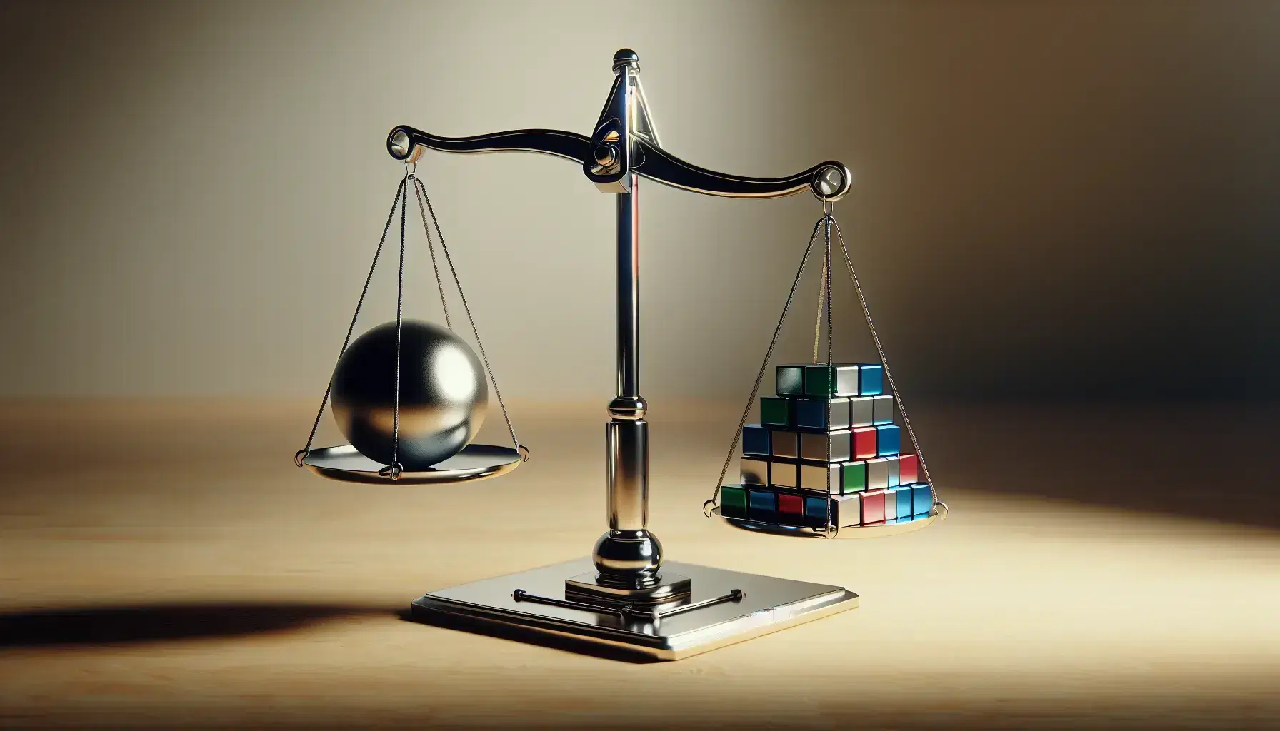 Balanza de brazos iguales en equilibrio sobre superficie de madera clara, con esfera metálica en un platillo y torre de cubos coloridos en el otro.