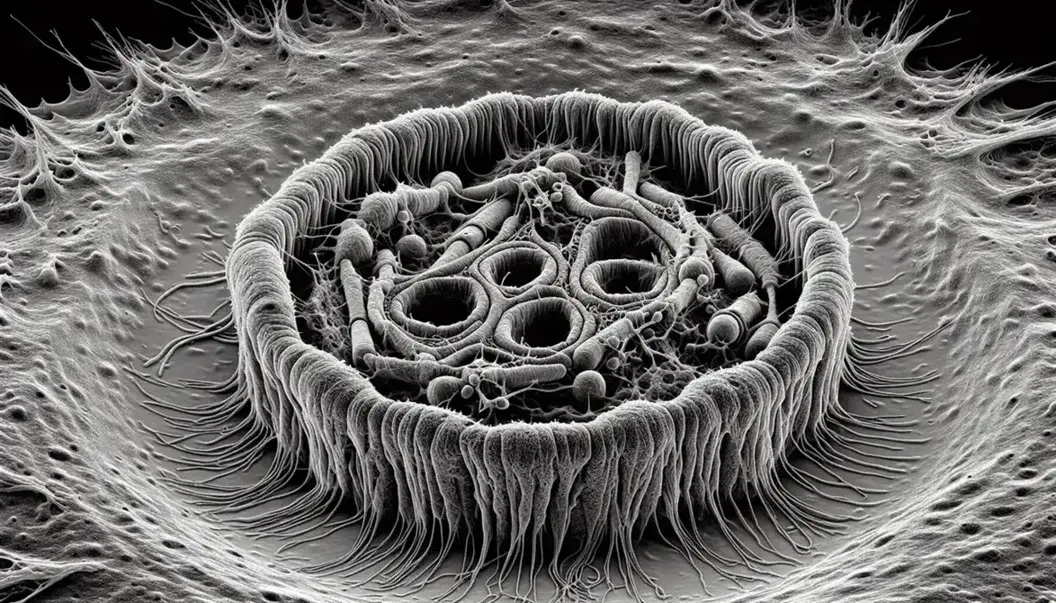 Micrografia elettronica in bianco e nero che mostra la sezione trasversale di una cellula eucariotica con il dettagliato citoscheletro e strutture esterne simili a ciglia.