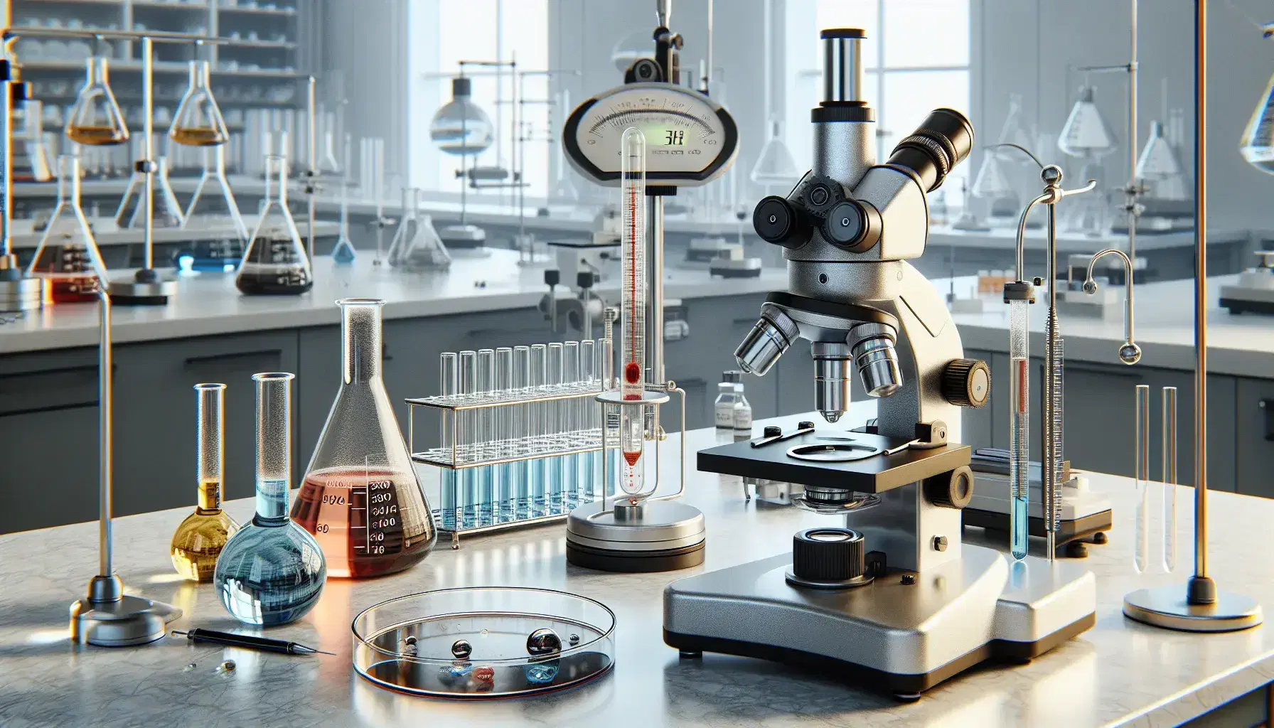 Laboratorio científico con microscopio plateado enfocado en placa de Petri, termómetro de vidrio, balanza analítica y tubos de ensayo con líquidos de colores.