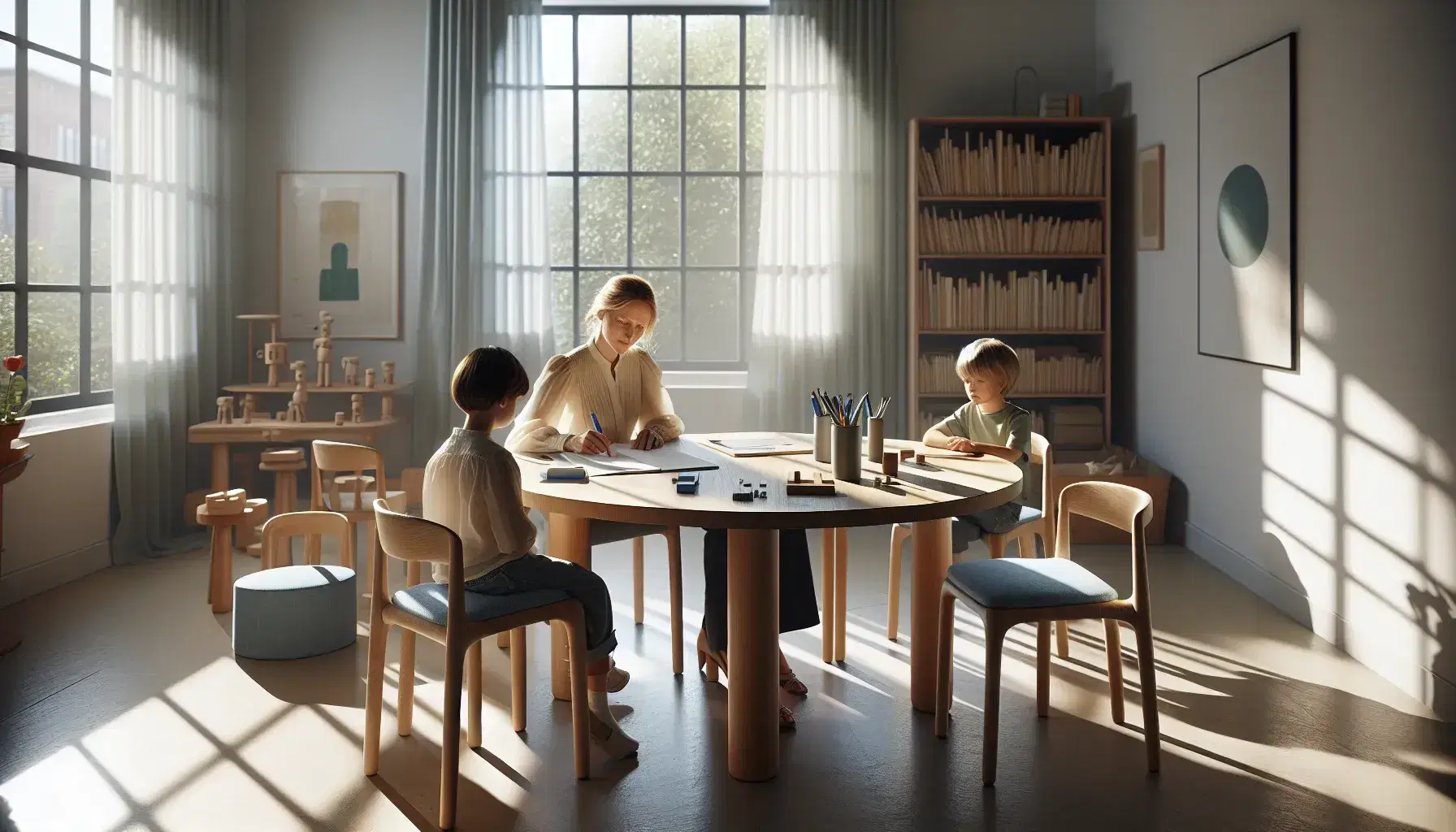 Mujer adulta y niño enfocados en conversación sentados en mesa redonda de madera con sillas azules en interior iluminado naturalmente, con estantería de libros y juguetes educativos al fondo.
