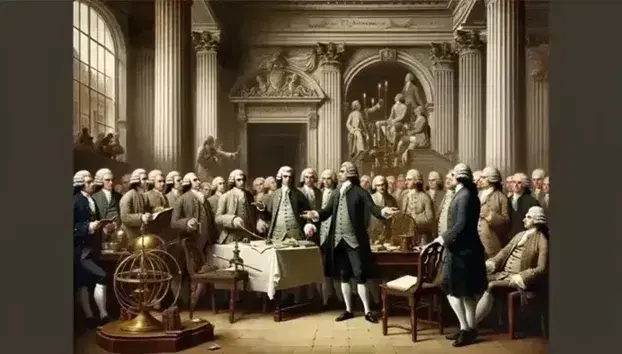 Gathering of men in 18th century clothing discuss Enlightenment ideas in a classical room with scientific instruments and Masonic symbols.