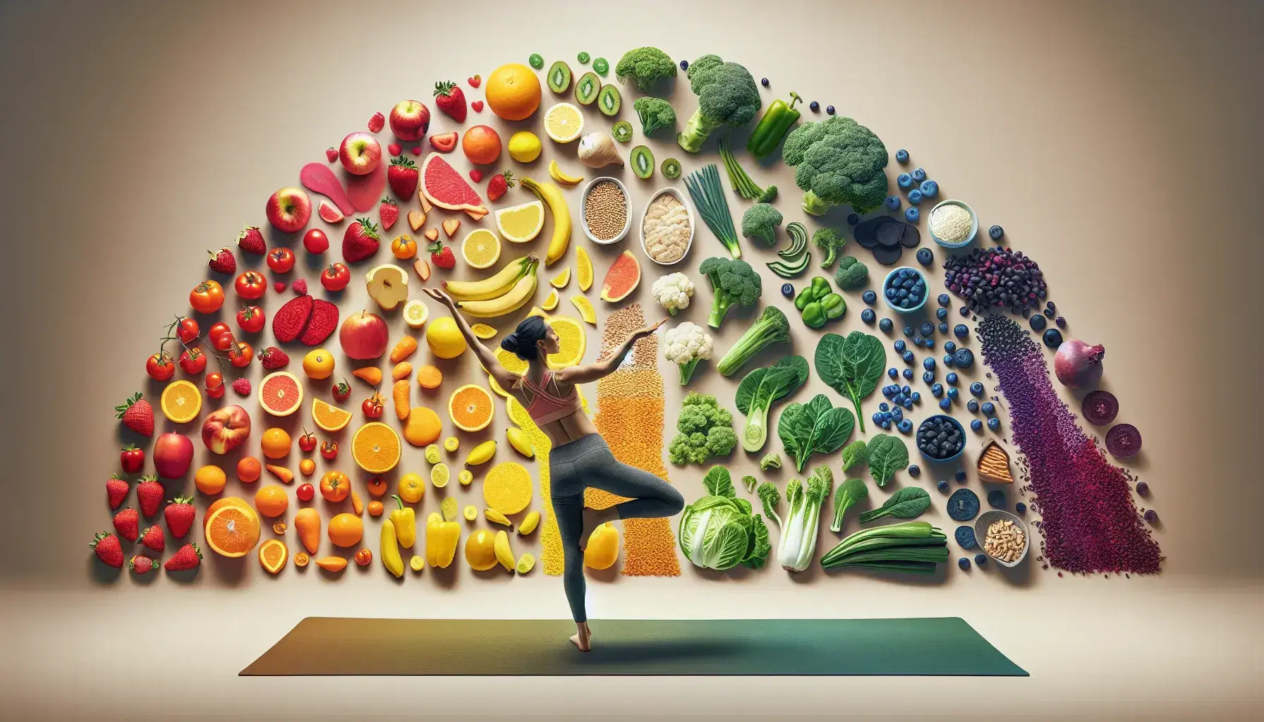 Alimentos frescos en secuencia de arcoíris con frutas rojas, naranjas, amarillas, vegetales verdes, y alimentos azules y morados, junto a persona haciendo yoga.