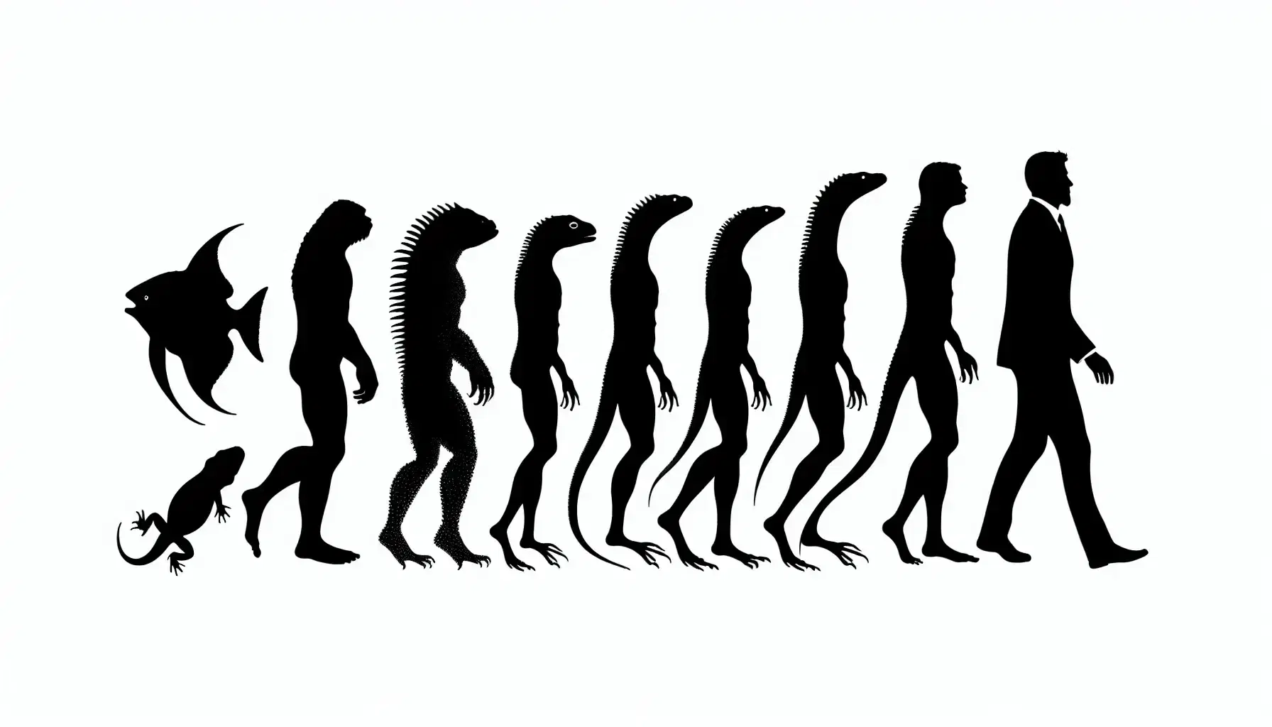 Secuencia evolutiva de siluetas negras con un pez, anfibio, reptil, mamífero cuadrúpedo y humano erguido en fondo blanco.