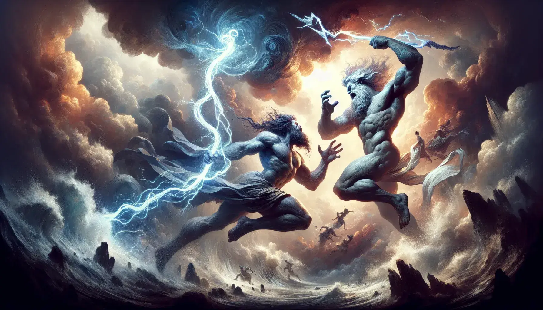 Zeus in posa potente con fulmine alza contro Crono sorpreso in paesaggio di battaglia con nuvole oscure e venti tumultuosi.