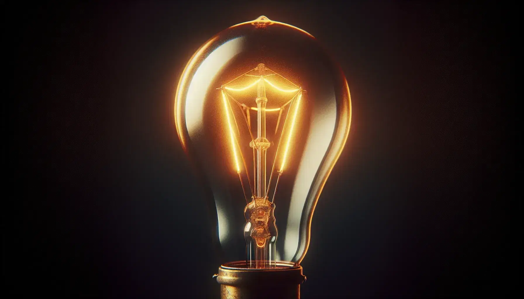 Vintage incandescent light bulb glowing with warm yellow-orange light, filament visible, set against a dark, out-of-focus background.