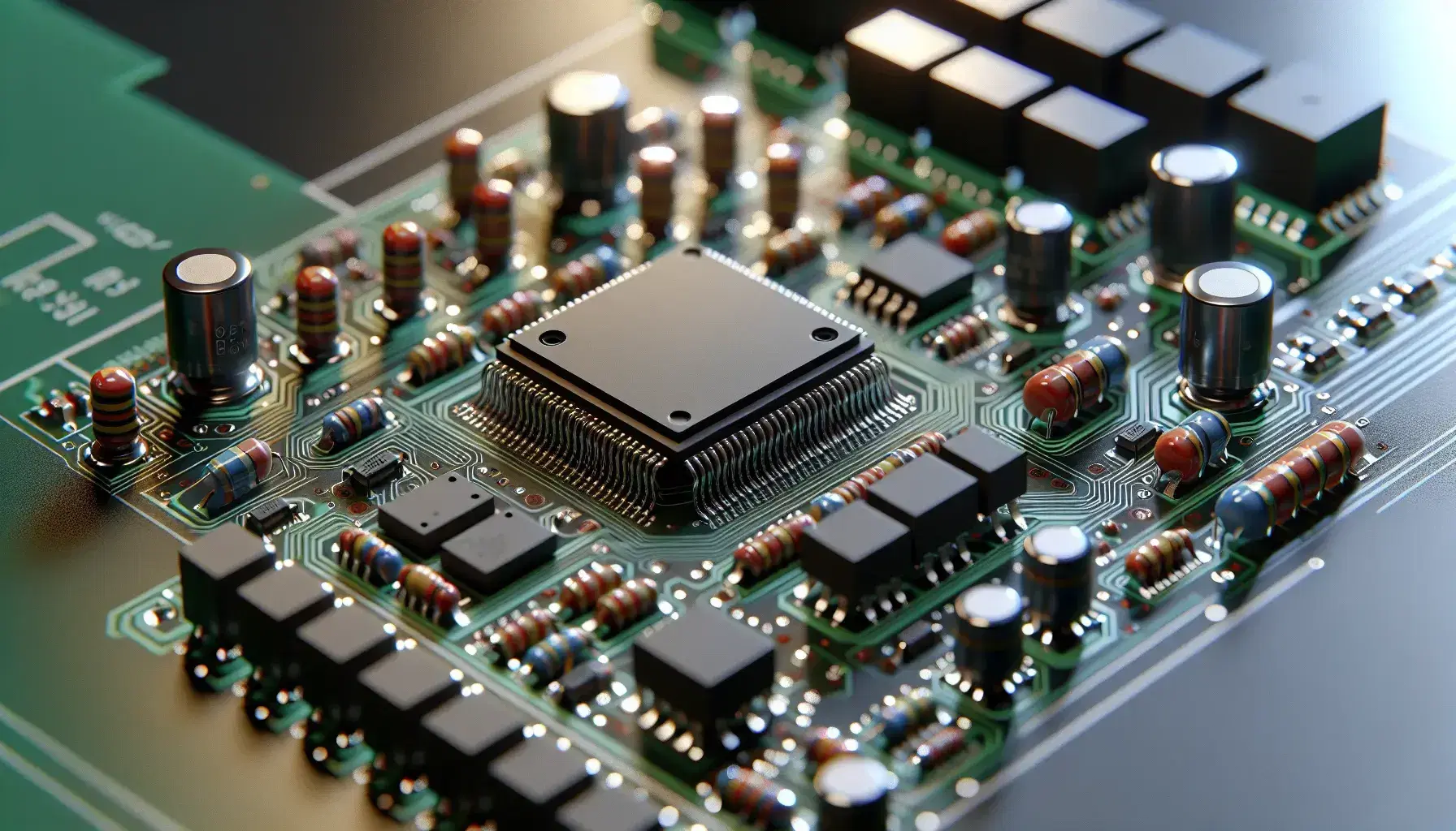 Close-up of an electronic board with a square microprocessor, integrated circuits, colored resistors and unlit red and green LEDs.