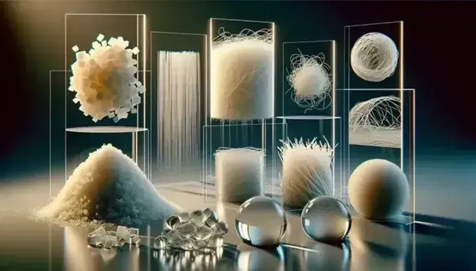 Pannelli di vetro con campioni di polisaccaridi: granuli bianchi di amido, fibre traslucide di cellulosa, gel di pectina e polvere marrone di chitina.
