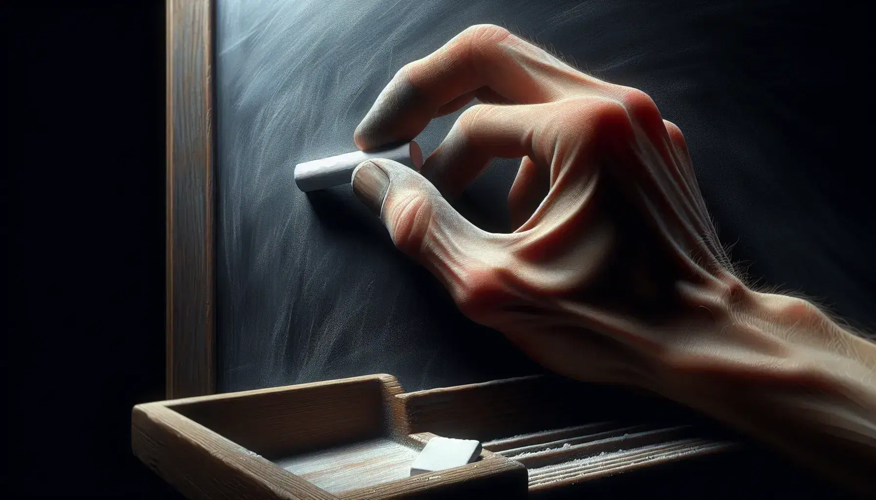 Close-up view of a hand holding white chalk near a clean blackboard with a blurred eraser on the tray, emphasizing the potential for writing.