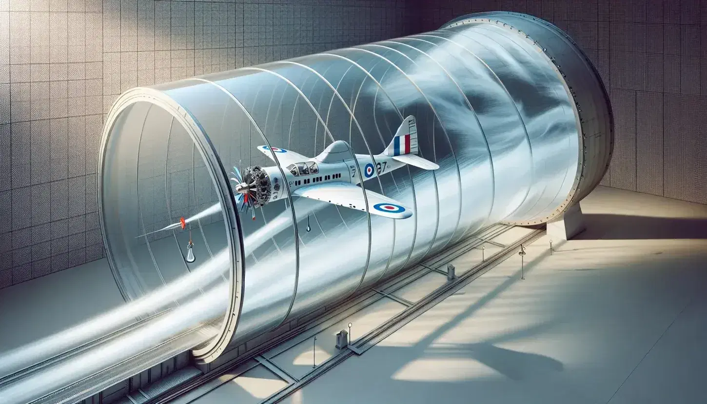Modelo de avión en túnel de viento transparente con humo indicando flujo de aire y principios aerodinámicos, sin distracciones visuales.