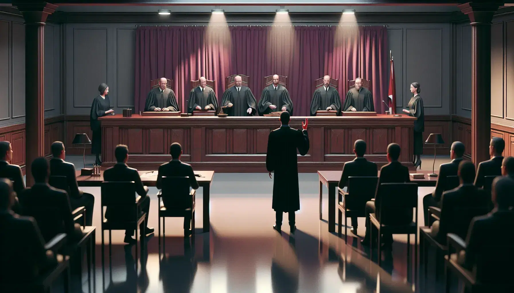 Sala de tribunal con tres jueces en togas detrás de mesa larga, abogado de pie argumentando y cliente sentado atento, cortinas burdeos y bandera al fondo.