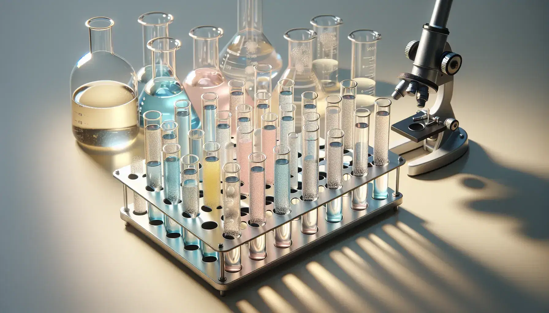 Tubos de ensayo con líquidos de colores en gradilla metálica y matraces Erlenmeyer con reacciones químicas sobre mesa de laboratorio junto a microscopio.