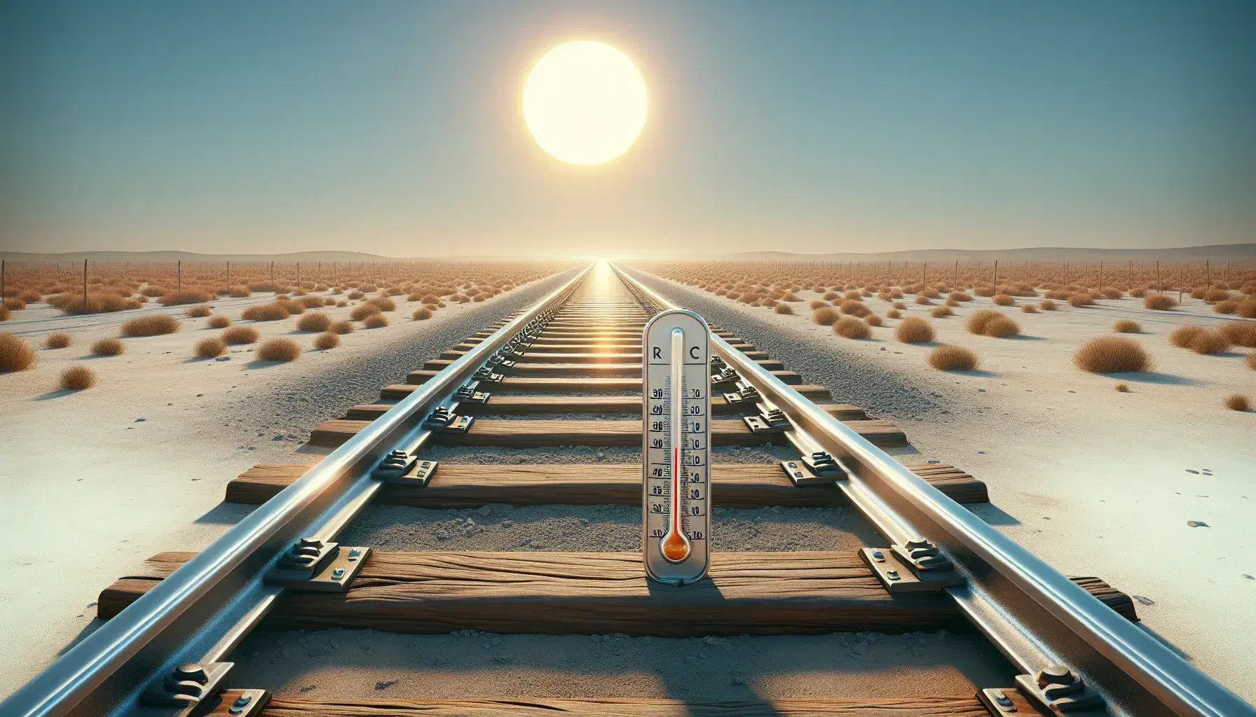 Binari ferroviari che si estendono all'orizzonte in una giornata soleggiata con termometro a mercurio indicante alte temperature.