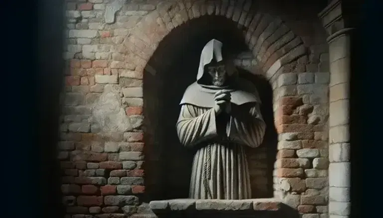 Estatua de piedra de monje medieval en oración, ubicada en nicho de pared de ladrillo antiguo con musgo, iluminada por luz natural.