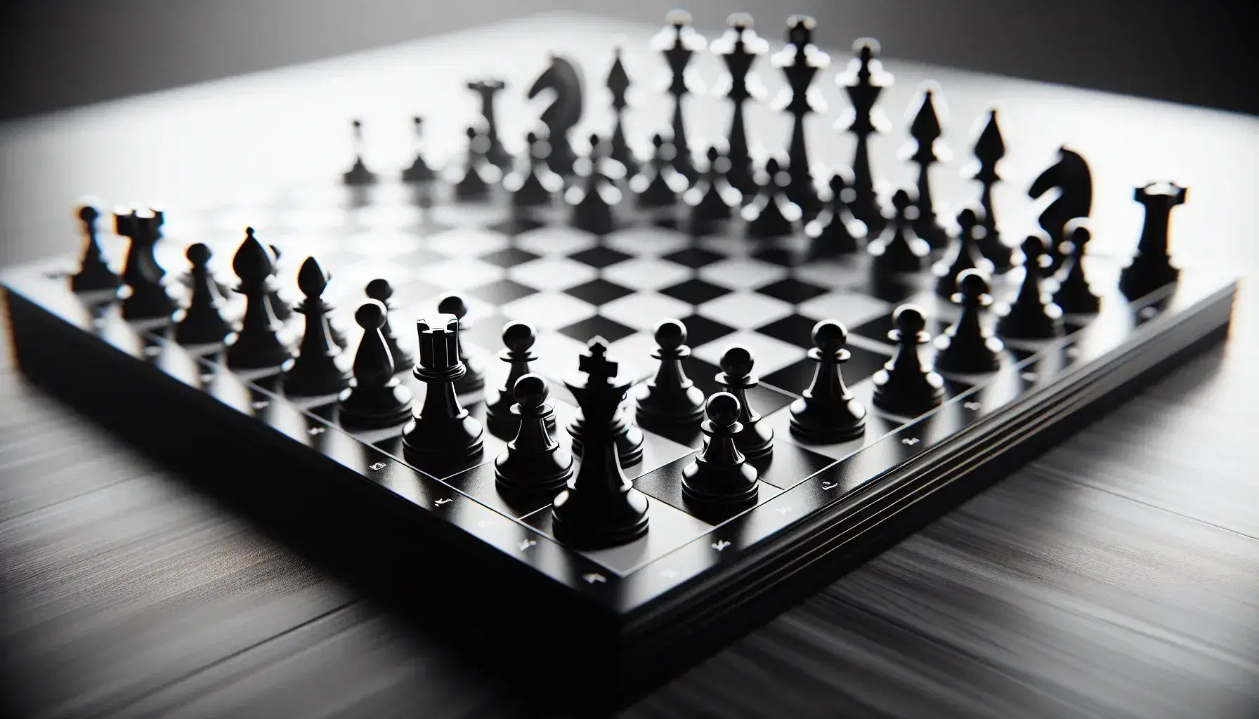 Black and white chessboard with pawn, black knight, white bishop and black queen, shiny reflections, blurred background, without legible symbols.