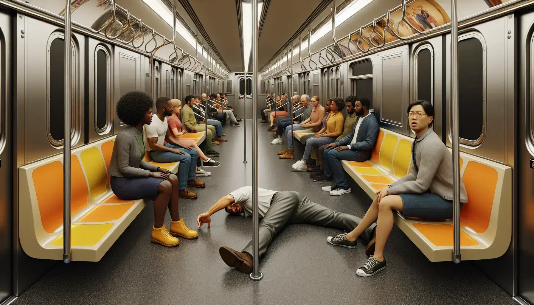 Interior of a subway car with multi-ethnic passengers and a Hispanic man lying on the ground in distress, surrounded by worried people.