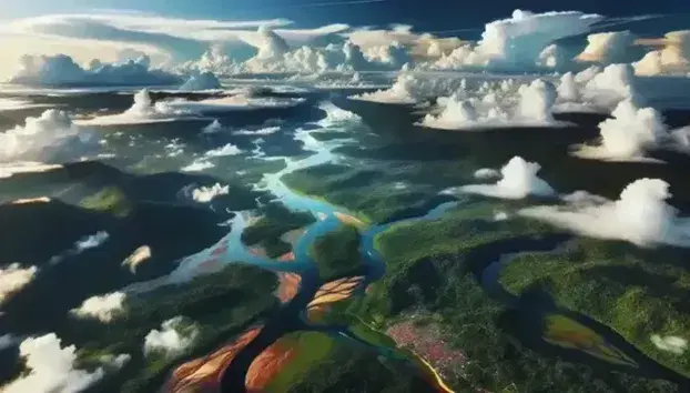 Vista aerea di una foresta pluviale con fiume serpeggiante, montagne innevate a sinistra e piccolo villaggio con tetti rossi.