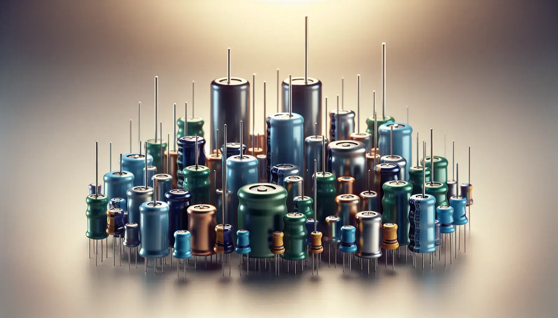 Assorted capacitors in various sizes and colors, including cylindrical and box-shaped types with axial and radial leads on a light background.