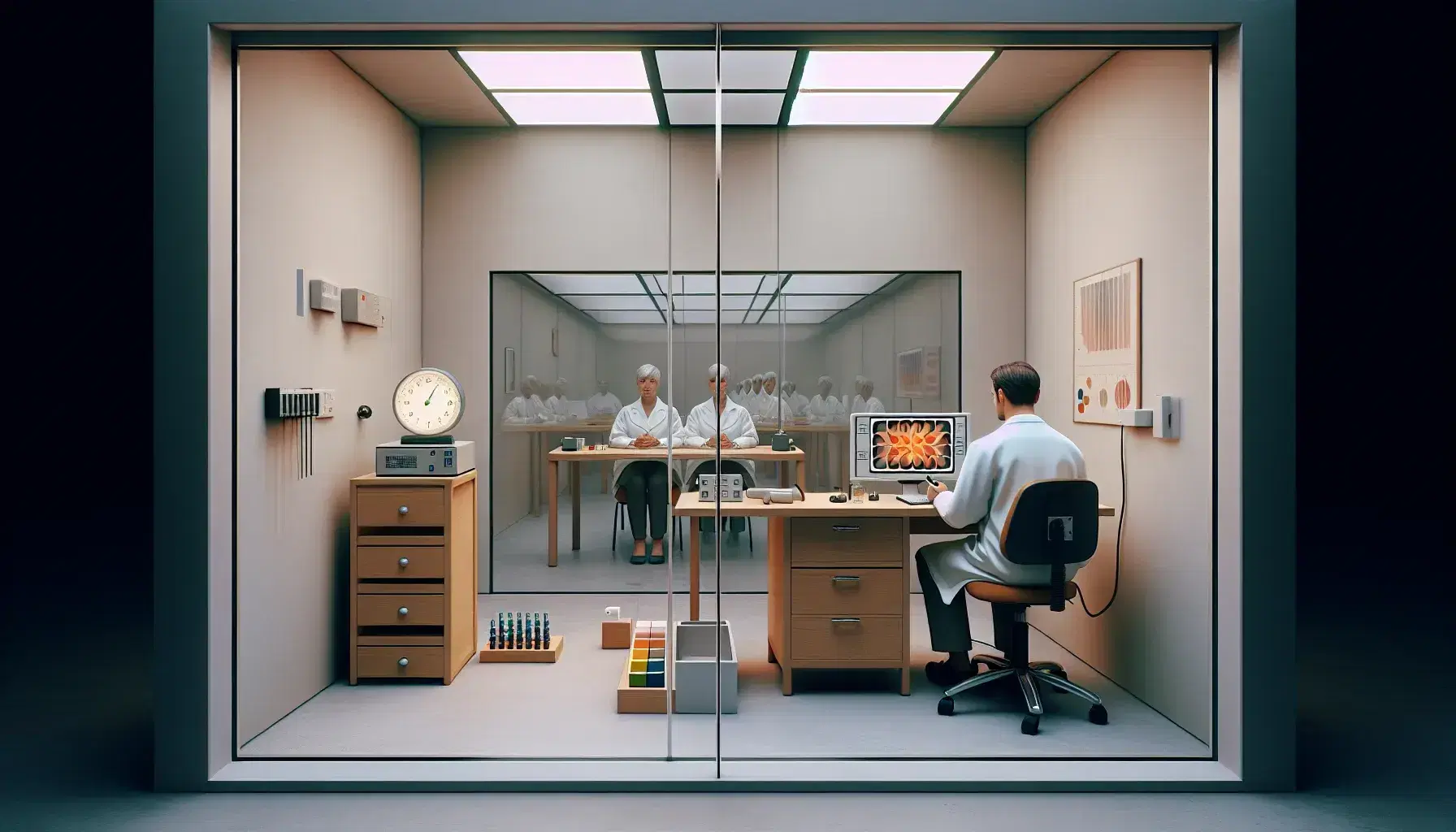 Laboratory environment for psychological experiments with researcher in white coat observing a participant in front of a screen, test materials on the table.