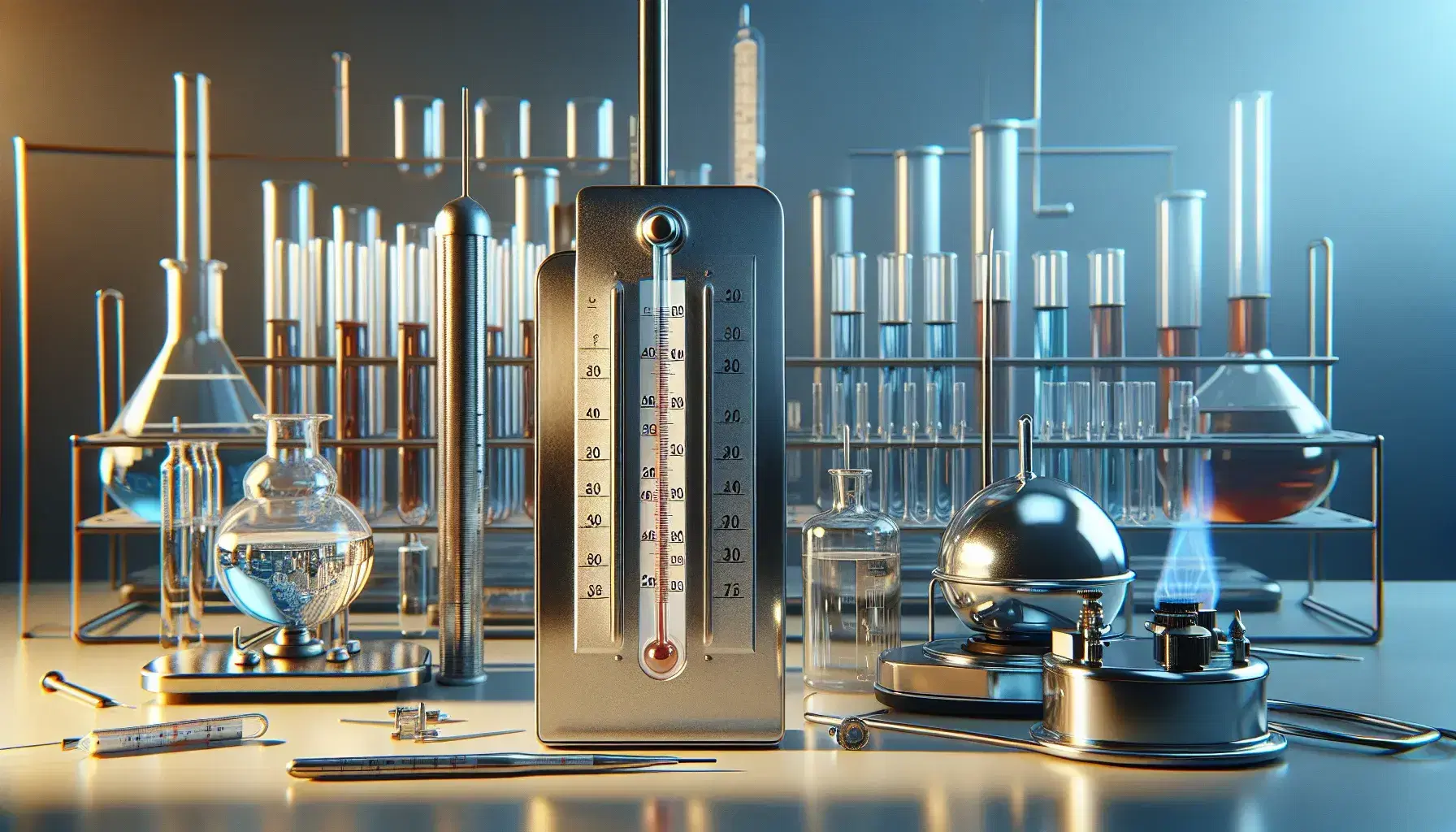 Laboratorio scientifico con termometro a mercurio, calorimetro metallico, provette colorate e bruciatore a gas.