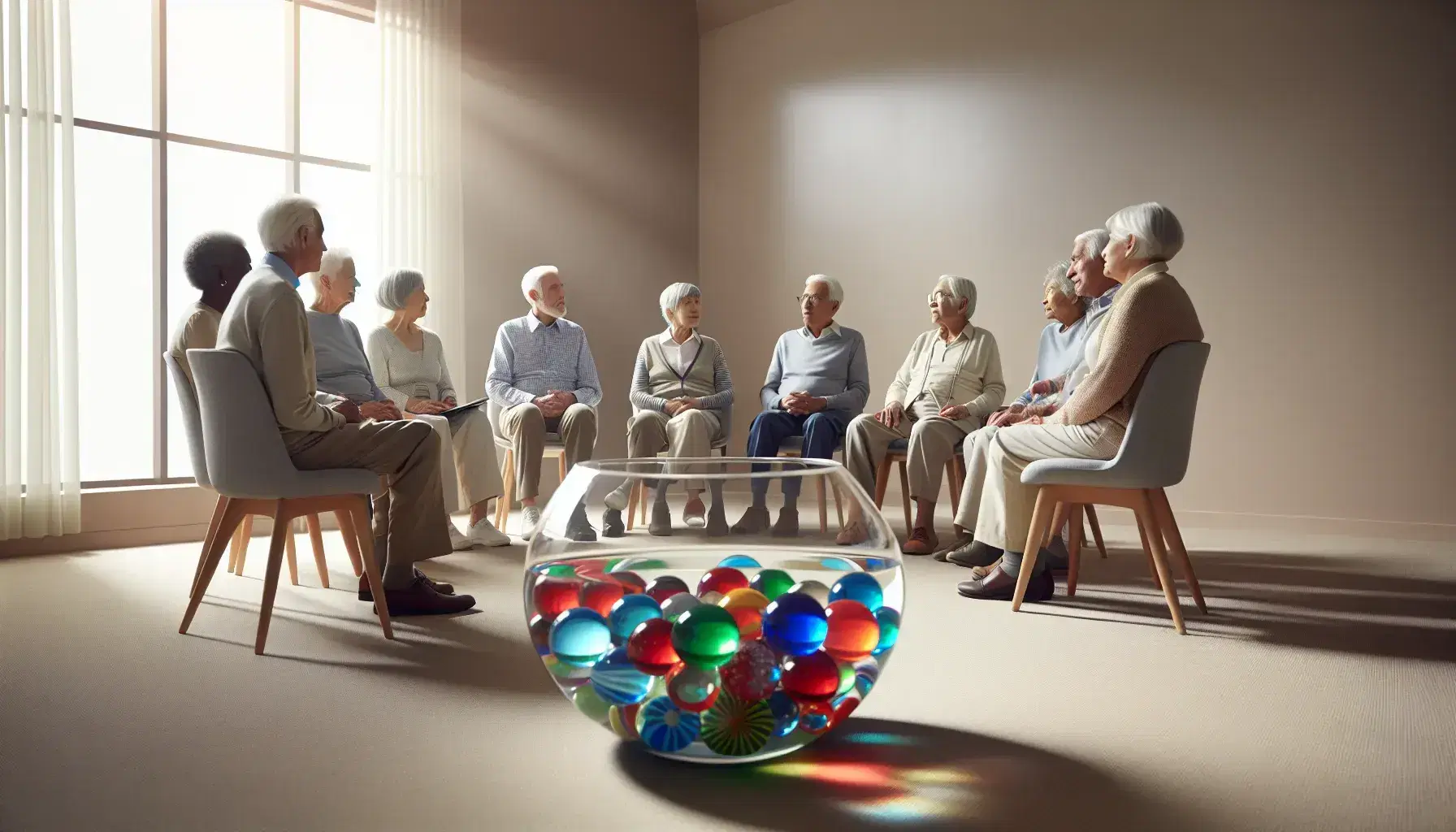 Group of multi-ethnic seniors converse while sitting in a circle in a bright room with a bowl of colorful marbles in the center.