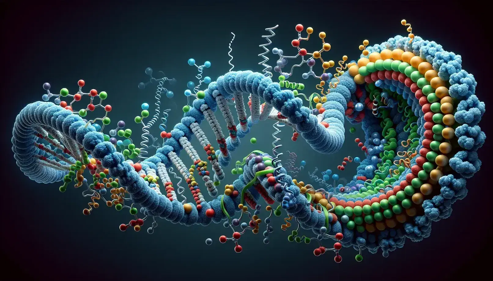 Molecular model showcasing DNA double helix, RNA strand, and ribosome during protein synthesis with a soft blue gradient background.
