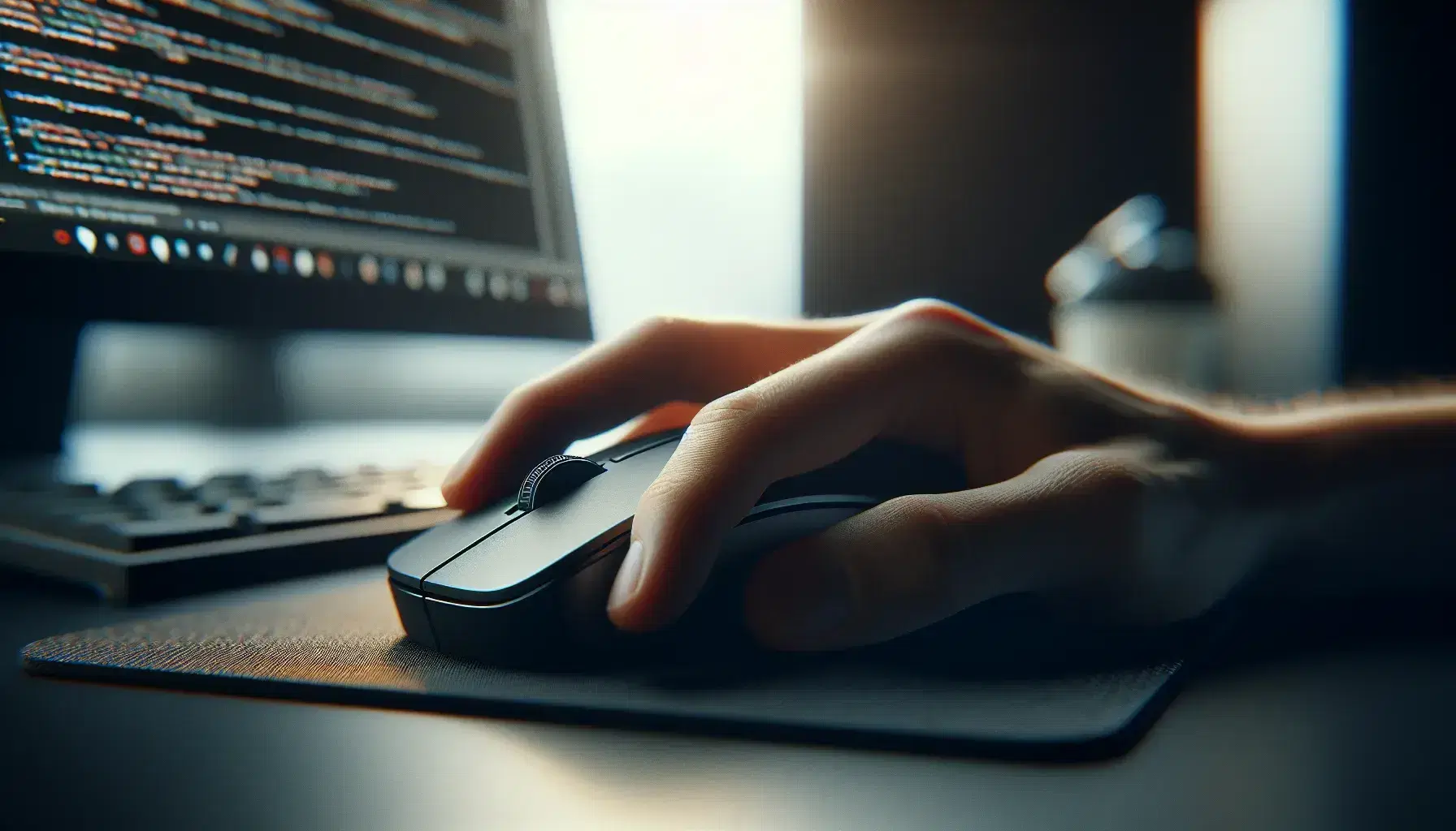 Hand ready to click on black mouse on dark pad, blurred background with computer screen showing unreadable graphical interface.