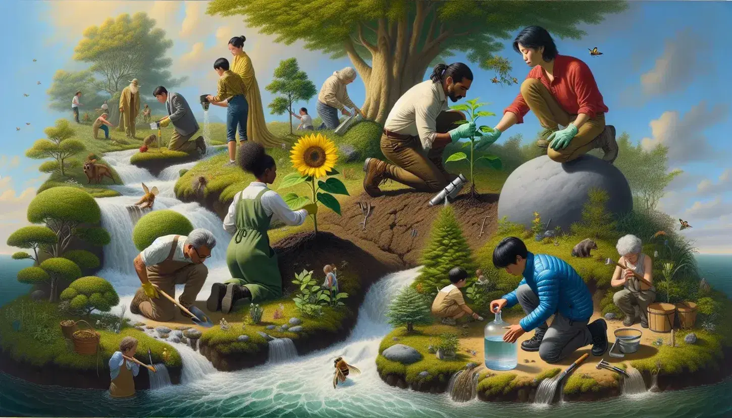 South Asian woman plants a tree, African man collects water from river, boy observes bee on sunflower, group walks in forest.