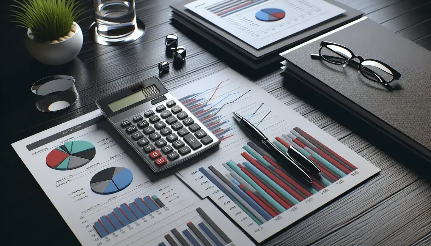 Escritorio de oficina con calculadora, gráficos financieros, bolígrafo y planta, elementos de análisis y planificación financiera.