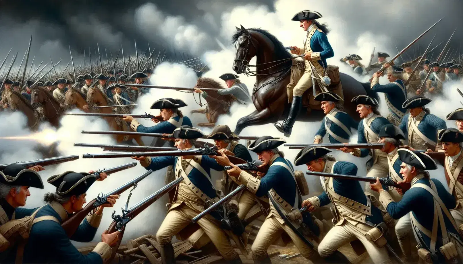 Revolutionary War scene with colonial soldiers in battle, a commanding officer on horseback with a sword, amidst smoke and a tattered flag.