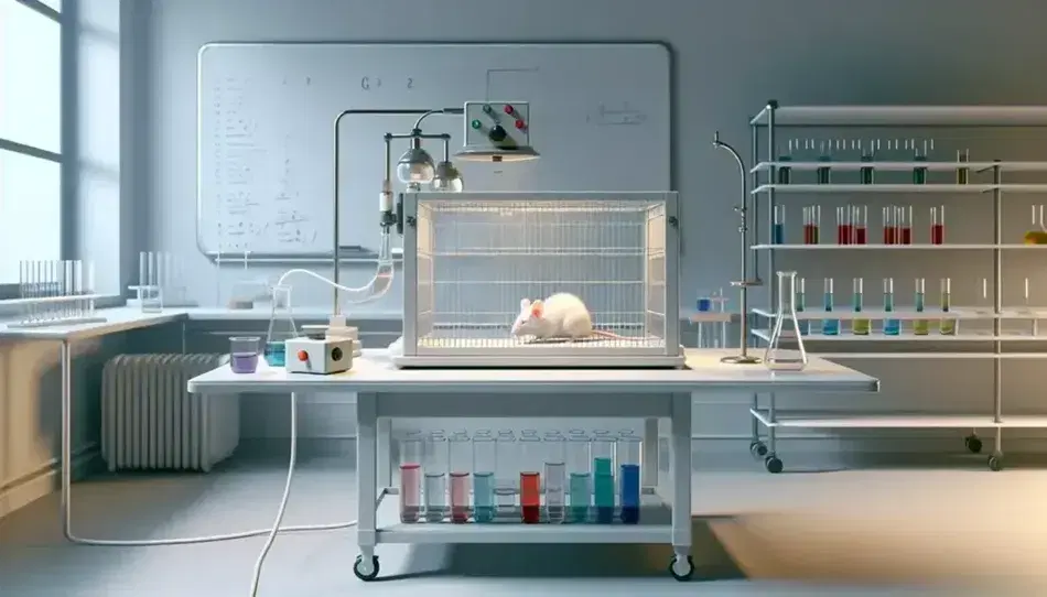 Laboratorio de psicología con ratón blanco explorando una jaula transparente, dispositivo con botón y dispensador de comida, y tubos de ensayo con líquidos de colores.