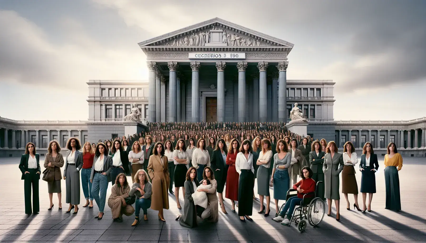 Diverse group of determined women united in front of Madrid's Congreso de los Diputados, with inclusive gestures, under a serene sky.