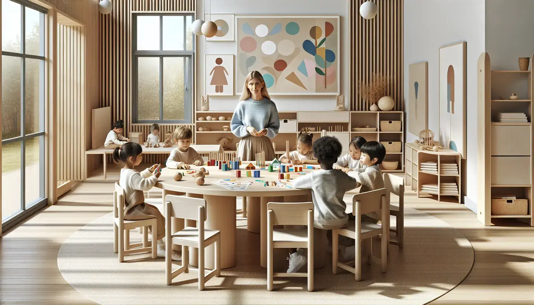 Aula luminosa con bambini di diverse etnie seduti attorno a un tavolo rotondo, impegnati in attività educative con blocchi colorati e strumenti musicali, insegnante sorridente osserva.
