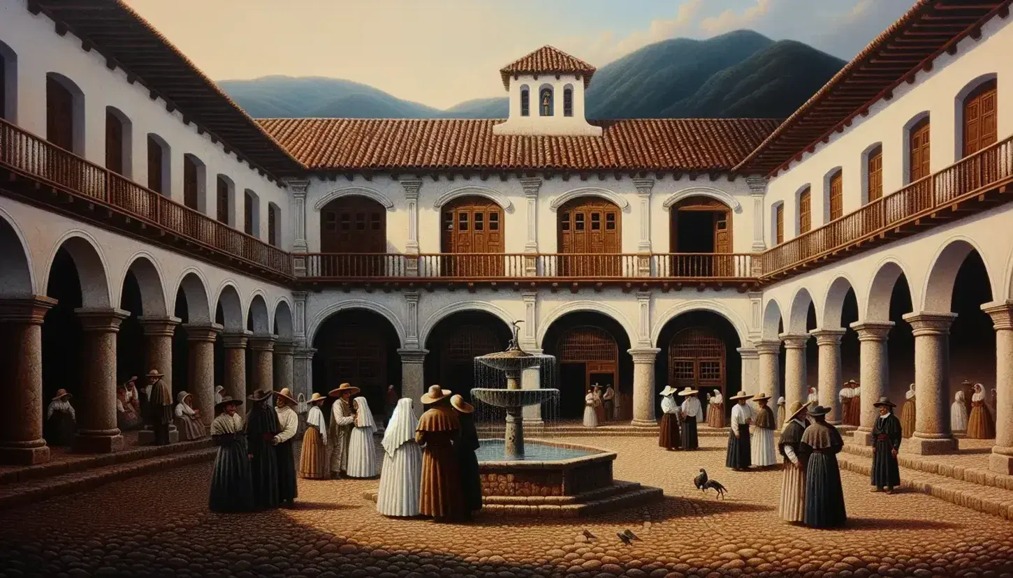 Edificio colonial de dos pisos con paredes crema y tejas rojas, fuente de piedra al lado y personas en vestimenta de época conversando, en un entorno de montañas y cielo despejado.