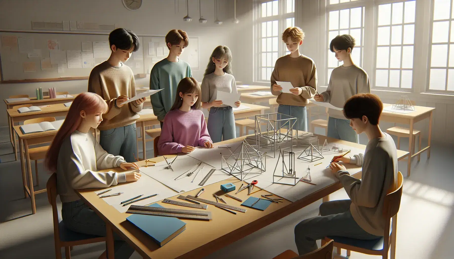 Estudiantes de secundaria colaborando en un proyecto de geometría con modelos 3D y materiales de dibujo en un aula iluminada.