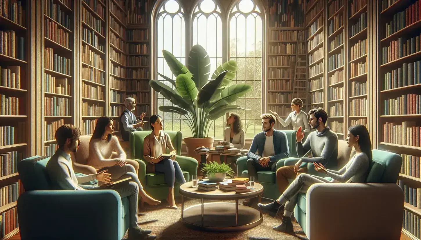 Diverse group engaged in discussion in a sunny library, with individuals seated in a circle, one gesturing, another attentive, and a man browsing books.