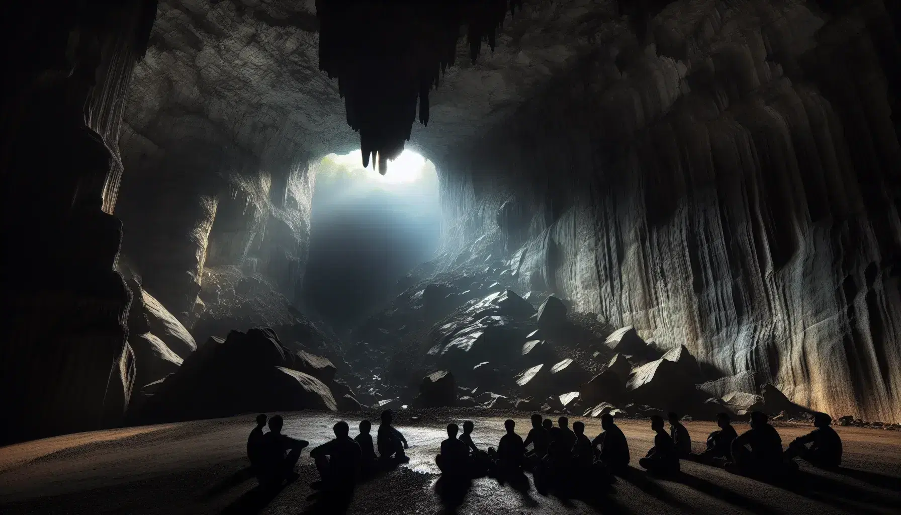 Cueva amplia con paredes rocosas y estalactitas, siluetas de personas sentadas mirando sombras proyectadas en la pared, entrada iluminada con luz natural y cielo azul afuera.