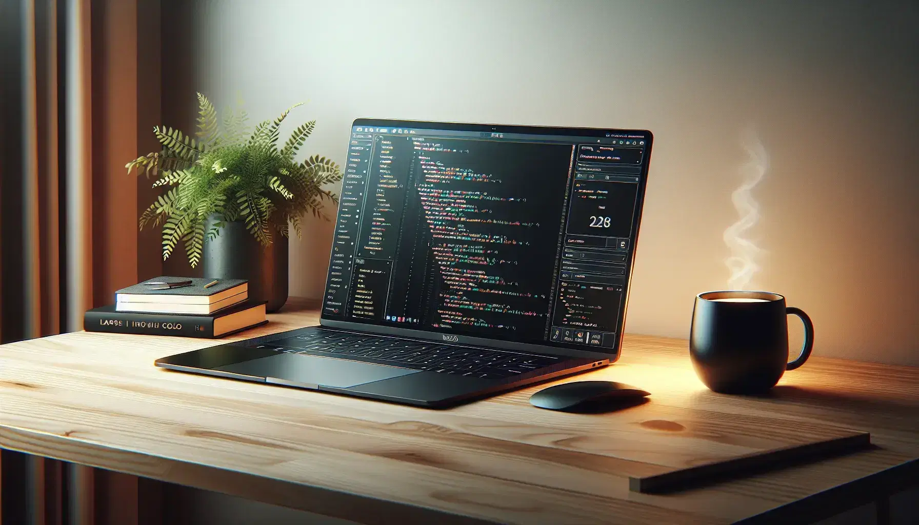 Modern laptop on light wooden desk with turned on screen and code editor, green plant and black coffee cup next to it.