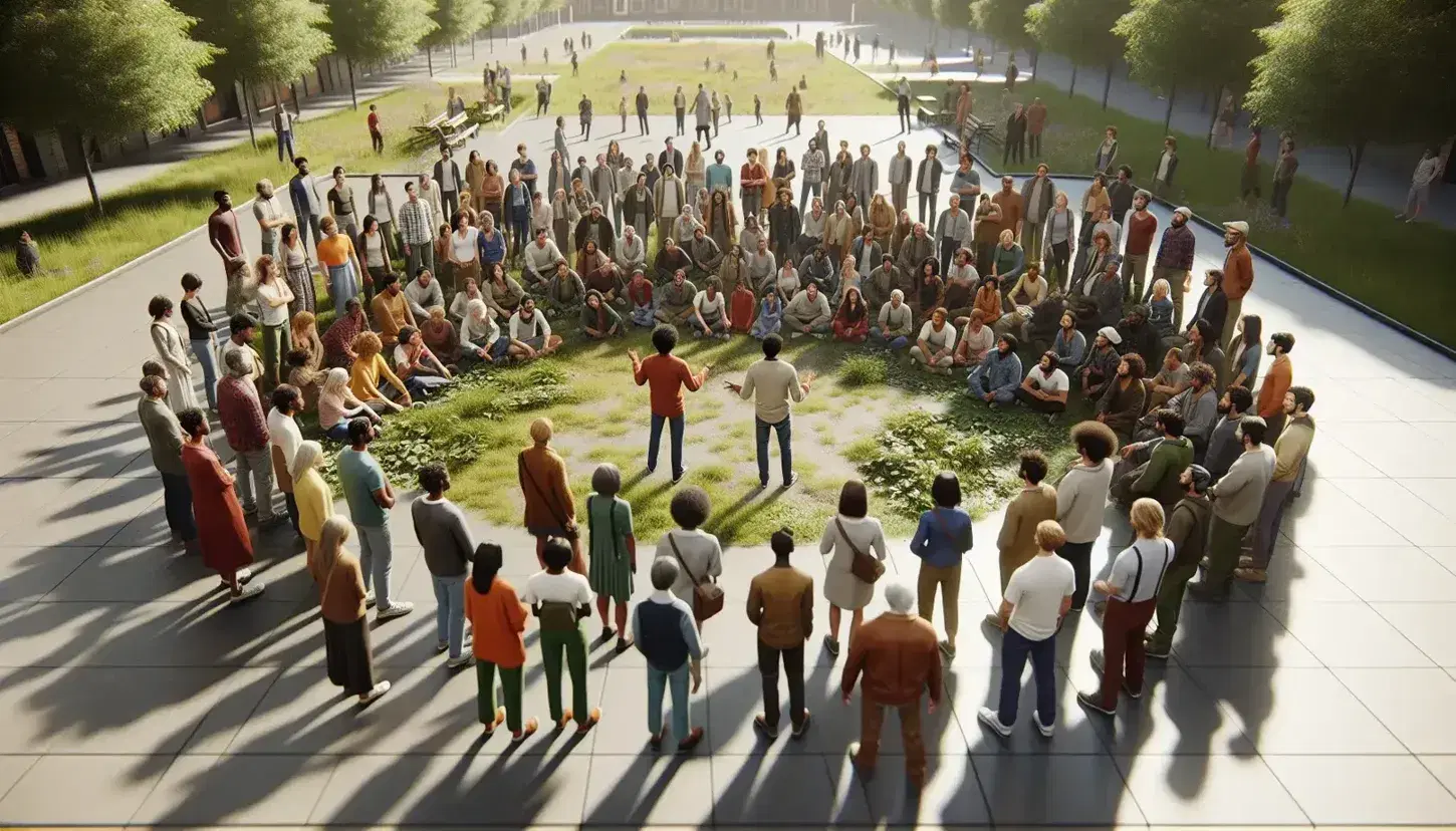 Grupo diverso de personas reunidas en semicírculo en un parque escuchando a un orador, con árboles y edificios al fondo en un día soleado.