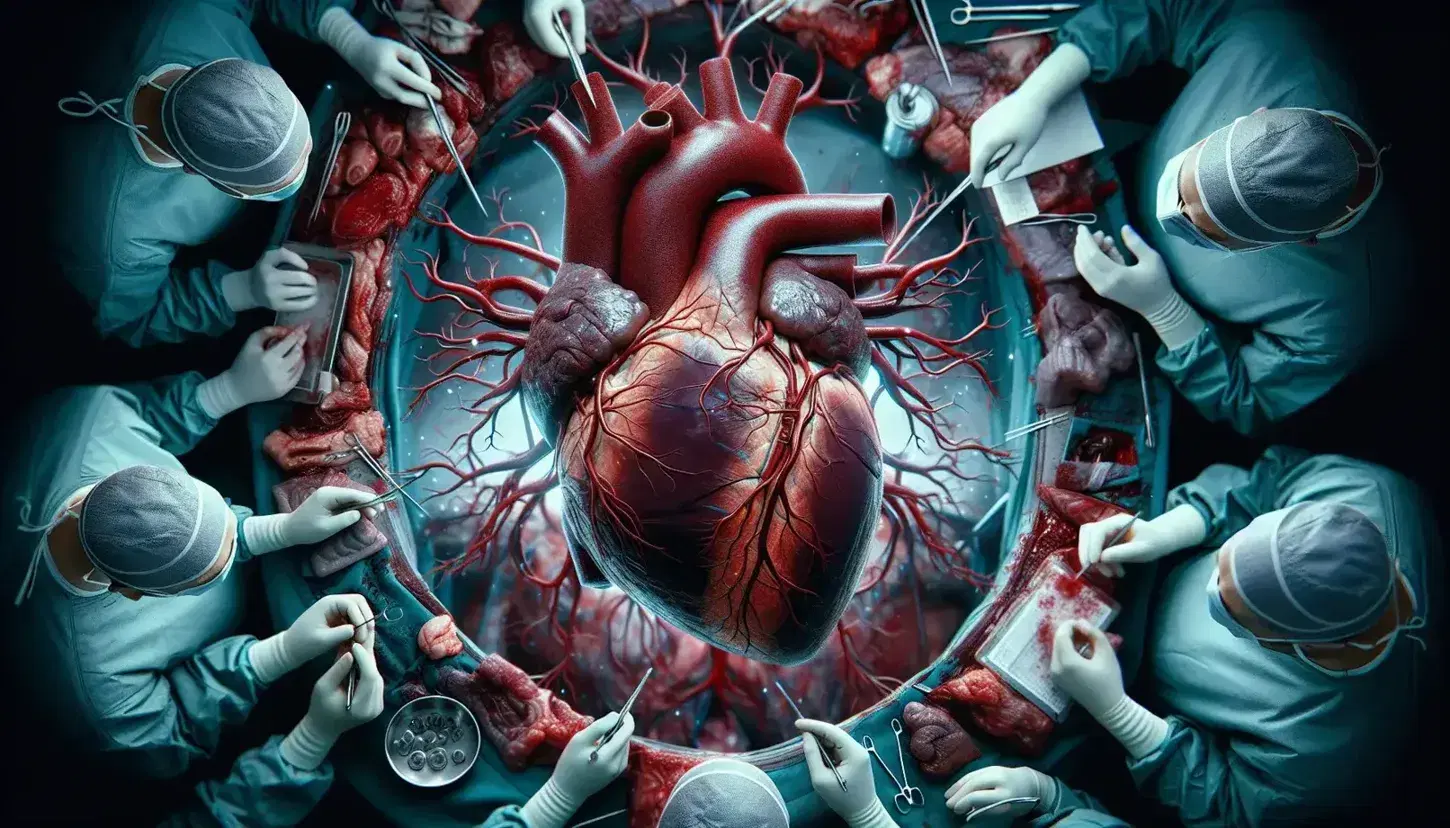 Cuore umano esposto durante intervento chirurgico a torace aperto con chirurghi in azione e strumenti chirurgici sul tavolo operatorio.