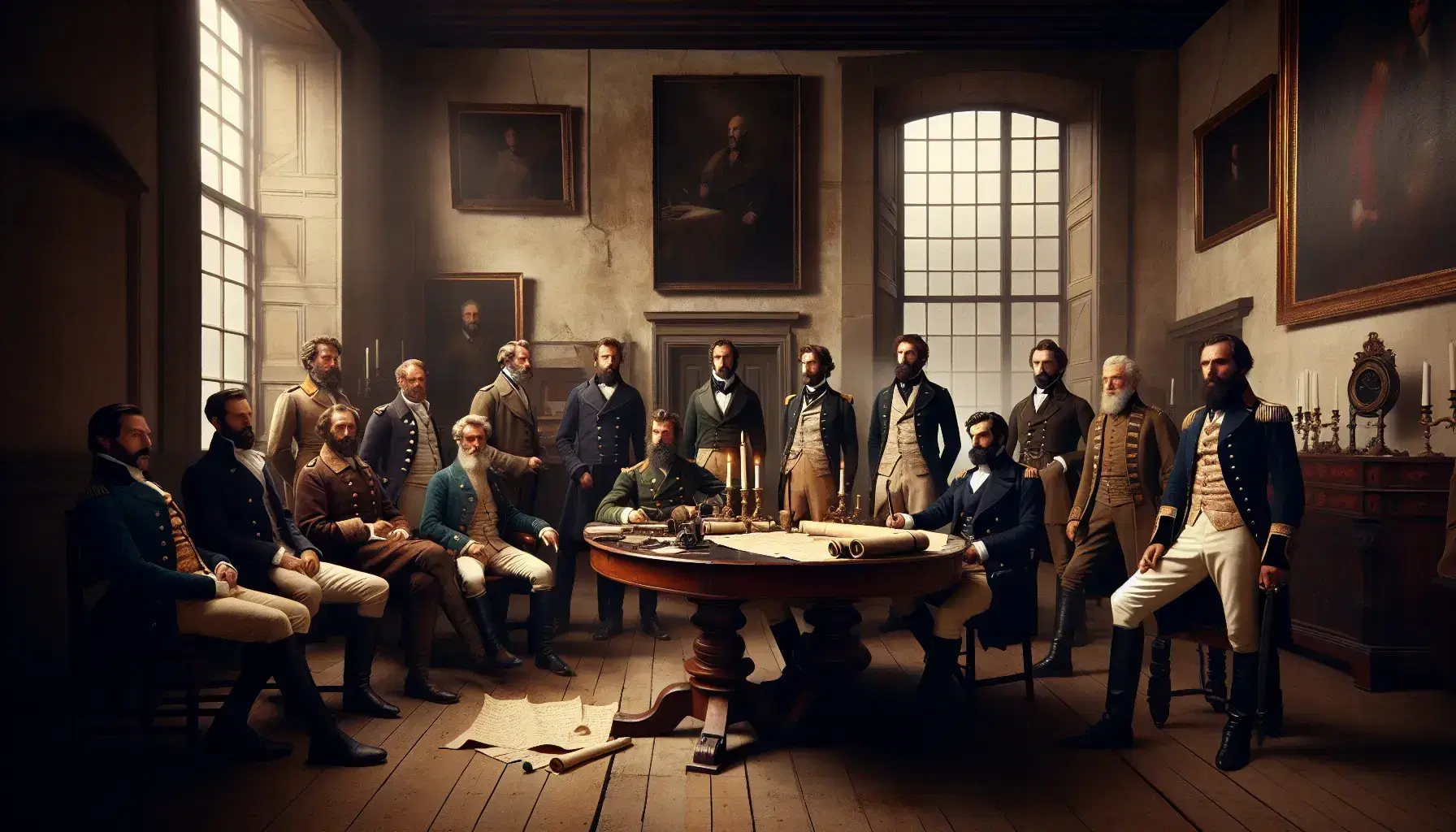 Mid-19th century meeting in a stone-walled room with men in period attire around a table with a map, quills, and candlelight, evoking historical significance.