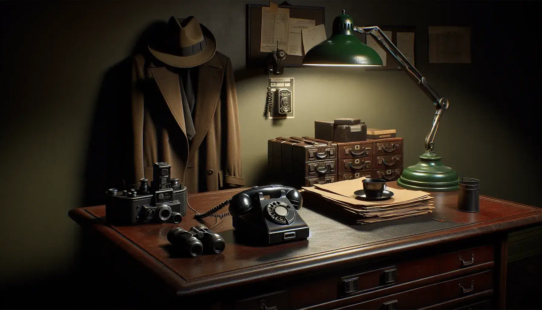 Vintage-style office with a dark wooden desk, rotary phone, camera, binoculars, manila folders, green banker's lamp, coat rack with fedora and trench coat, and a black filing cabinet.
