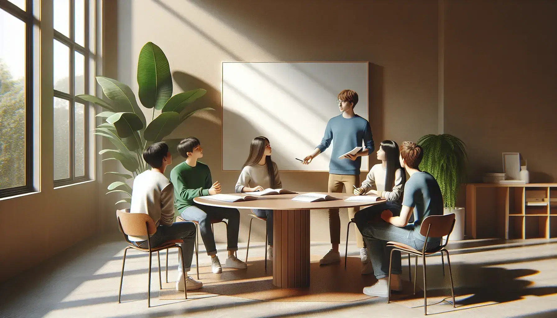 Grupo de cinco estudiantes en discusión alrededor de una mesa redonda con un líder de pie señalando hacia una pizarra blanca en un aula iluminada naturalmente.