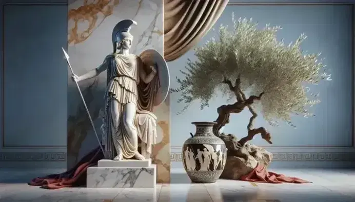 Marble statue of Athena with helmet and spear, Greek amphora with black-figure art and olive tree, on a blue sky background and marble floor.