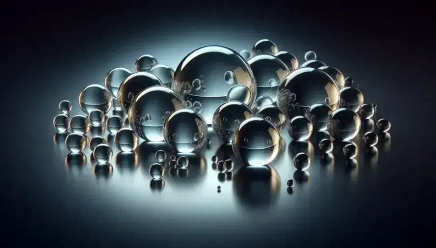 Esferas de vidrio transparentes de distintos tamaños sobre superficie oscura reflejante, con efectos de luz y sombras generados por reflejos y refracciones.
