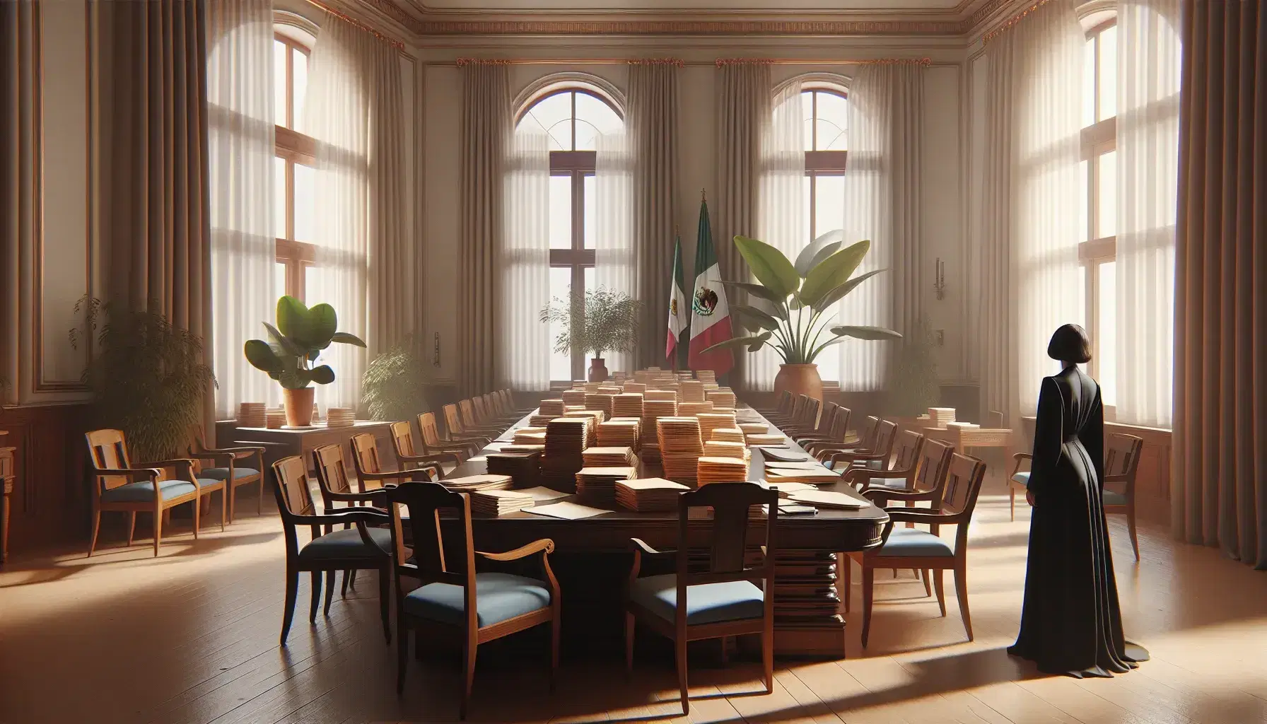 Sala amplia con mesa de madera oscura y sillas a juego, papeles pastel sobre la mesa, planta interior al lado de ventana luminosa y figura humana de espaldas, bandera de México al lado.